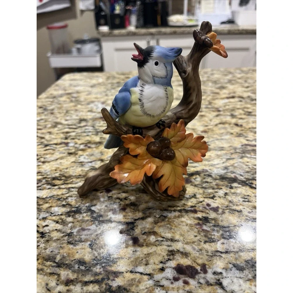 Porcelain Blue Jay Figurine on Branch Autumn Oak Leaves Acorns Autumn 6